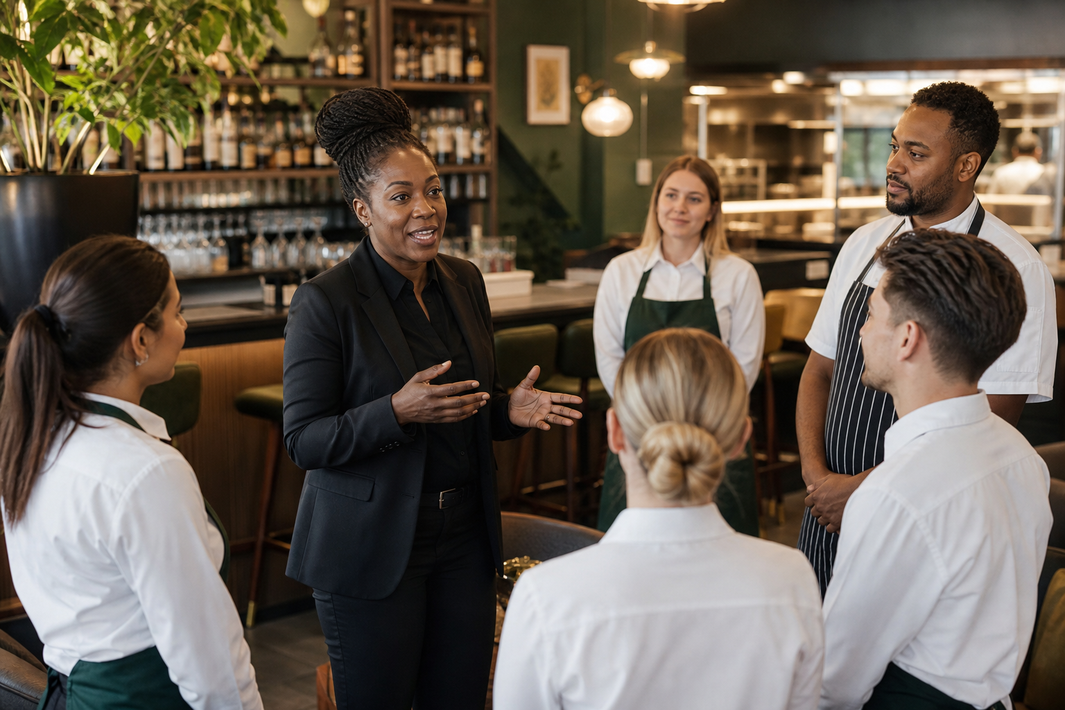 Hospitality team during a pre-service briefing