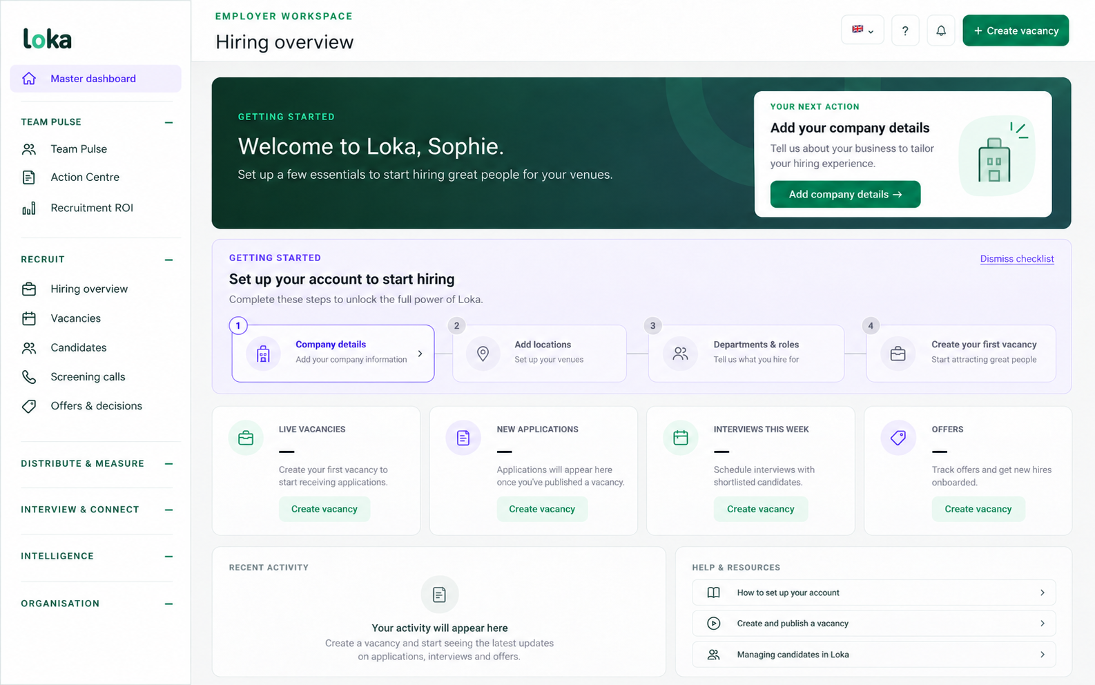 Loka operator dashboard showing the branded workspace, recruitment navigation and setup actions